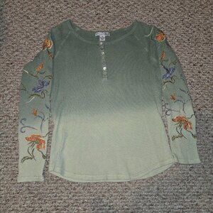 Vintage RXB Green Ombre thermal Henley with Embroidered Sleeves Size M
